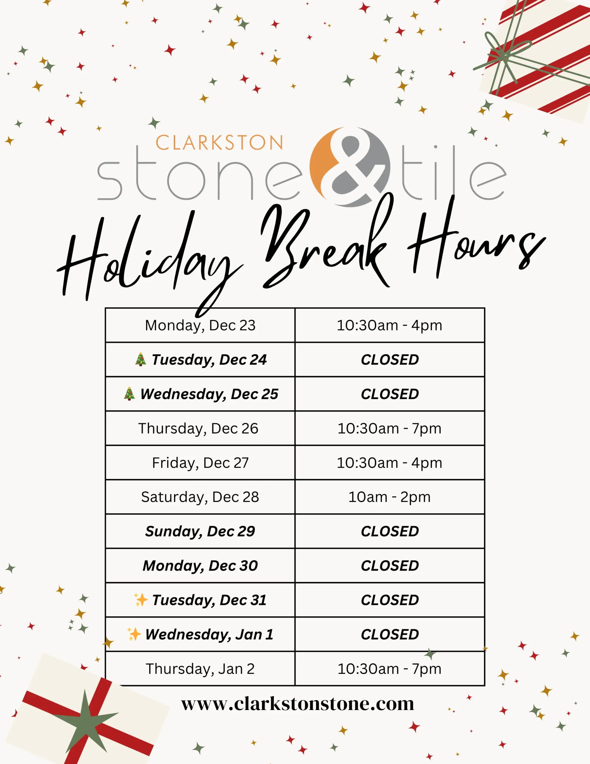 Clarkston Holiday Break Hours